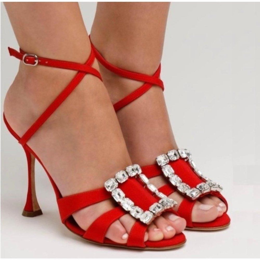 Manolo Blahnik Red Satin Crystal-Embellished Strappy Sandals